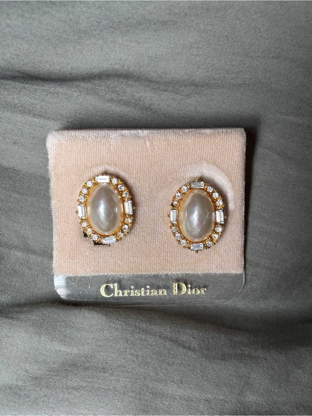 Dior Gold and Pearl Oval Crystal Clip-On Earrings - Cream